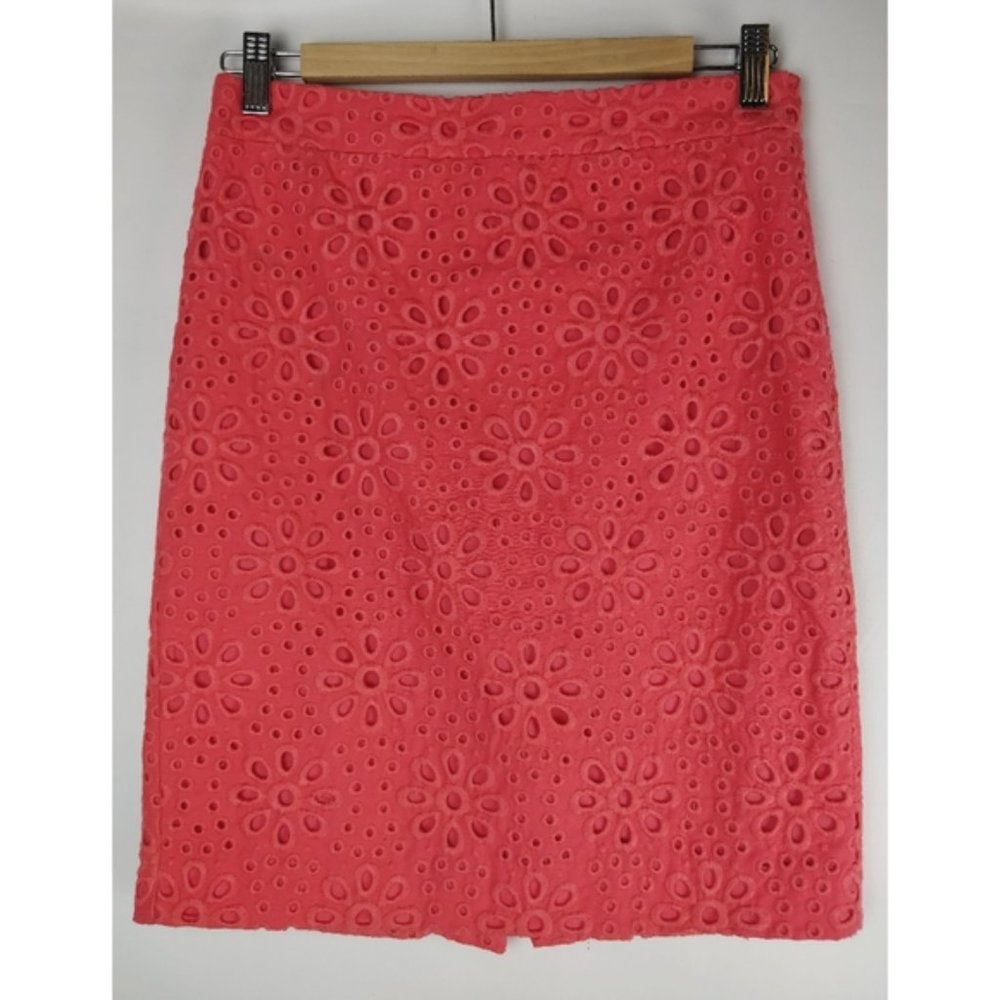 J.Crew coral Petite No. 2 Pencil Skirt Pinwheel Eyelet 2P Easter